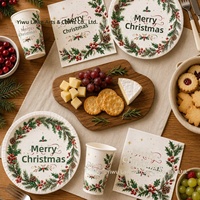 Nouvelles fournitures de vaisselle jetable de Noël à thème houx, style classique, 25 pièces – Assiettes, serviettes et gobelets en papier – Vente en gros