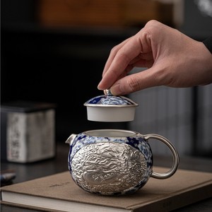 Théière Xishi en argent sterling 999 He Fusen, motif Dragon et Phénix, bleu et blanc, ensemble de thé Kung Fu avec couvercle, résistant à la chaleur, coffret cadeau - Product Image 5