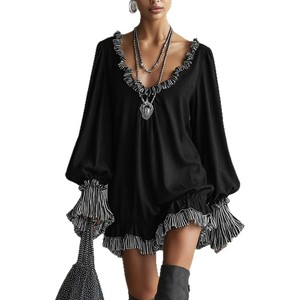 Robe mini vintage style princesse pour femme, élégante, à volants, pour soirée, noire - Product Image 1