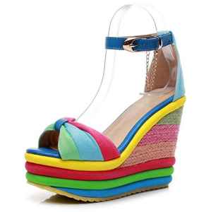 Gâteau éponge couleur assortie chaussures pour femmes sandales compensées en paille été nouveau talon Super haut bouche de poisson couleur romaine petite <span class=keywords><strong>taille</strong></span> - Product Image 1