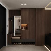 Meuble à chaussures d'entrée sur mesure avec banc miroir, niche d'éclairage LED et tiroirs, finition bois foncé
