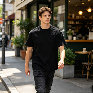 T-shirt à manches courtes pour homme noir, col rond, coupe ample, décontracté, tricoté, tissu jersey 100% coton, 240g, respirant, couleur unie - Product Image 1