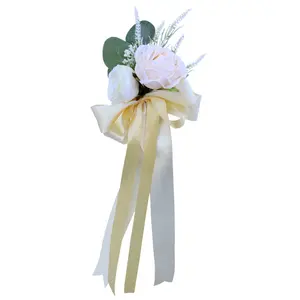 White Rose Artificial Flower for Wedding Car Decoration Bridal Car Decorations Door Handle Ribbons Silk Flower