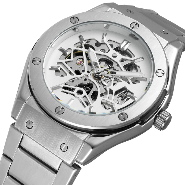 Top Luxury Brand Men Automatic Mechanical Watch Golden Color Metal Series 3D Bolt Skeleton Dial Metal Strap Male Wrist Watches
