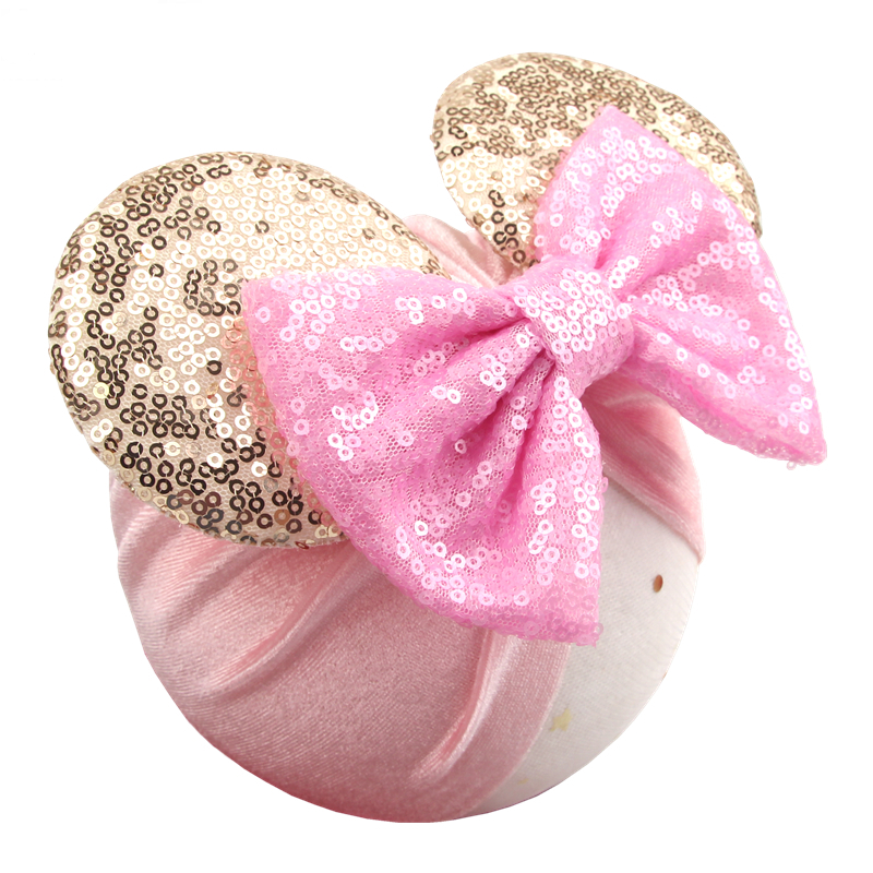 Fashion Classic Mouse Ears Velvet Head Wrap 5'' Sequins Bow Turban Girls Elastic Headband Infant Beanie Cap For Baby