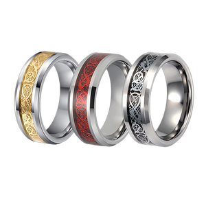 Anello in tungsteno con drago, fusione di drago cinese e nodo celtico, fede nuziale gotica tricolore oro 18 carati/nero - Product Image 3