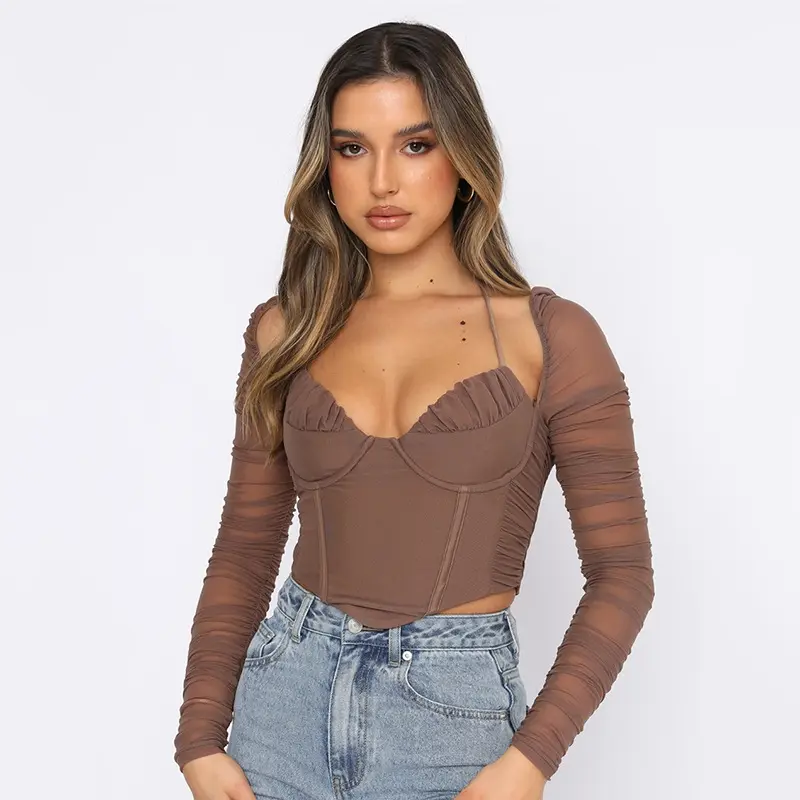 clothing manufacturers custom Womens Blouses Long Sleeve Halter Blouse Ladies Club Tight Sexy Mesh Crop Top Corset Bustier Top