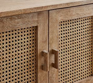 Meuble TV en rotin style ferme avec 2 armoires et pieds en bois massif, centre de divertissement, console multimédia, support TV pour salon et chambre - Product Image 5