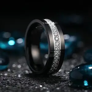 Cincin Pernikahan pria hitam tungsten dan emas, cincin gaya mewah berlian hitam