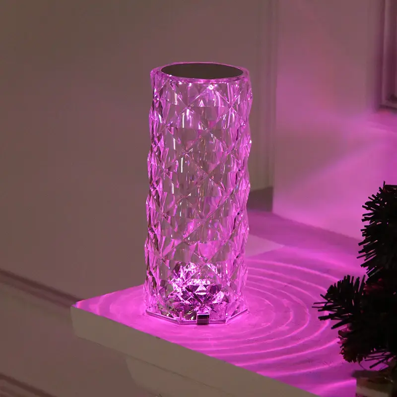 Lámpara de mesa de cristal rosa con sensor táctil RGB que cambia de 16 colores, lámparas de escritorio de cristal de diamante Rosa LED románticas recargables por USB