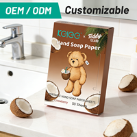 Feuilles de savon jetables en papier personnalisées en vrac KELEE X Teddy Island pour le lavage des mains, parfum noix de coco, feuilles de savon portables en papier