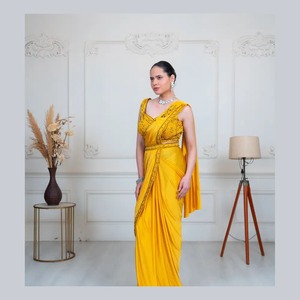 Elegante Sari amarillo precosido con hilo hecho a mano Trabajo Ropa de boda india a precio al por mayor - Product Image 5