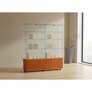 Vitrina Moderna de Vidrio 160x40x180 cm con Base de Madera de Cerezo, Puertas con Cerradura y Estantes Ajustables para Exhibición en Sala de Estar - Product Image 3