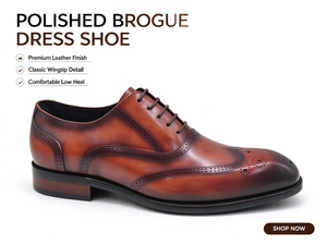 รองเท้าหนังผู้ชายแบบ Wingtip Brogue Oxford สีพาติน่า ผูกเชือก ส้นเตี้ย สำหรับงานทางการ ธุรกิจ งานแต่งงาน สำนักงาน และงานปาร์ตี้ - Product Image 1