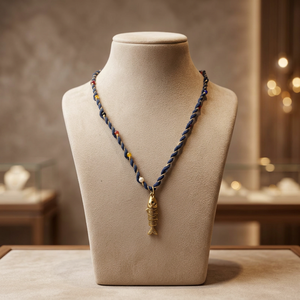 Collier en cordon torsadé bleu marine fait main Sstringz avec pendentif poisson en or antique et accents de perles multicolores, style bohème côtier - Product Image 5