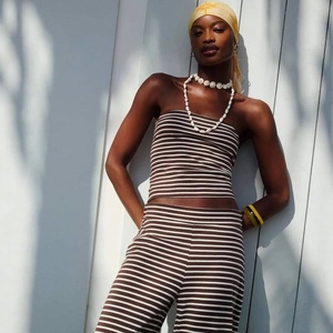 Matching Two Piece Coords Loungewear Striped Strapless Crop Tube <strong>Top</strong> <strong>and</strong> Wide Leg Pants <strong>Trousers</strong> <strong>Set</strong> <strong>for</strong> Women <strong>Ladies</strong> - Product Image 3
