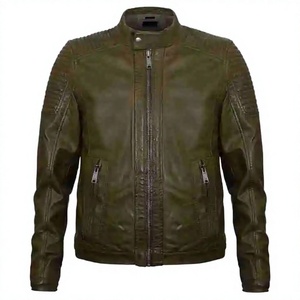 Chaqueta de Moto para Hombre LONG MISSION INDUSTRY, 100% Cuero Genuino, Calefactable, Corte Ajustado, Cierre de Cremallera, Cuello Mao, Color Sólido - Product Image 1