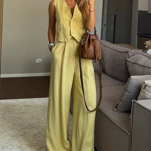 เสื้อกล้ามกางเกงเอวสูงขากว้างแฟชั่นชุด2ชิ้นลำลองของผู้หญิงเรียบง่าย - Product Image 5