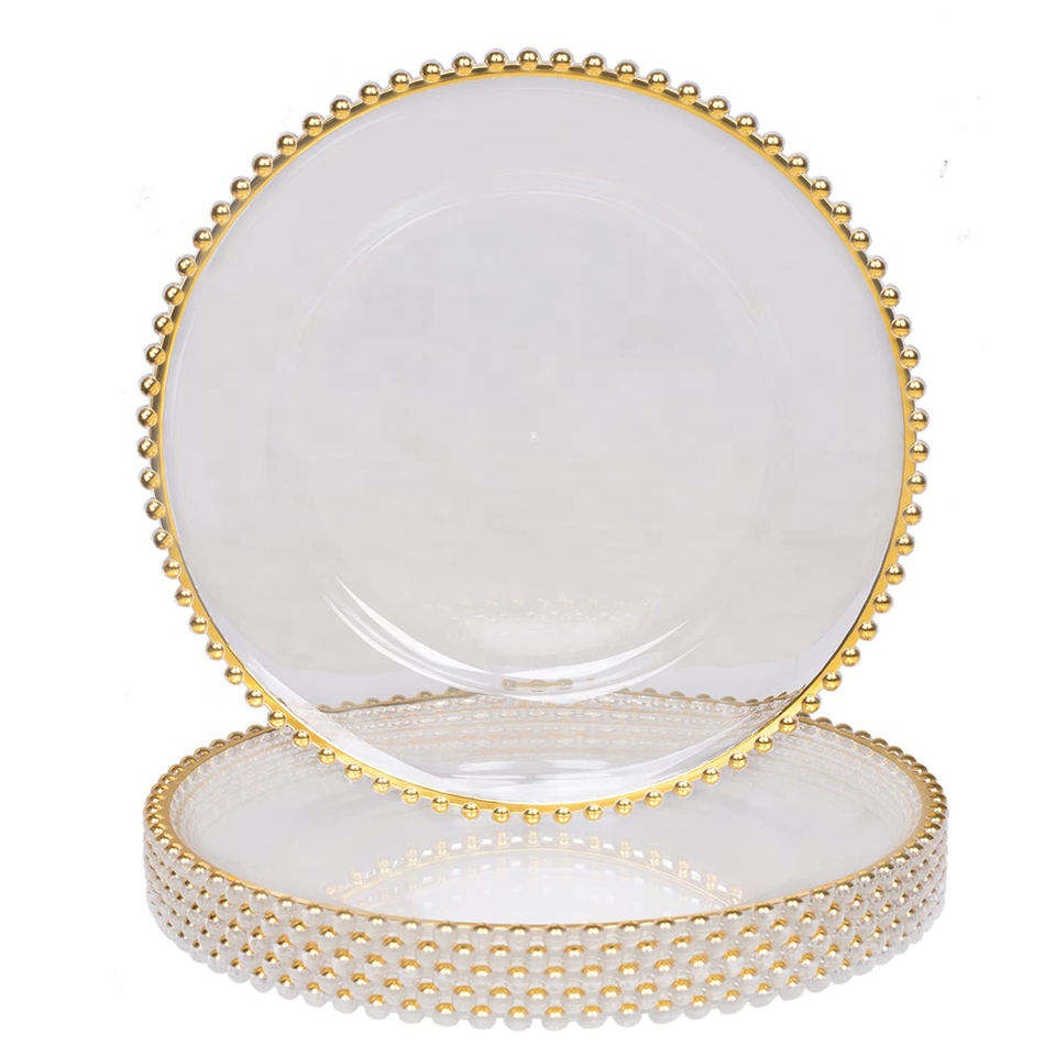 Kitchen 13 Inch Gold Rim Beaded Clear Plastic Charger Plates Wedding Christmas Party Dinner Plate Dishes Restaurant Dinnerware