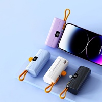 Mini Power Bank portable porte-clés 5000 mAh, station d'alimentation ultra-fine avec câble intégré, charge rapide, écran LED, 65W, compatible iPhone et Android