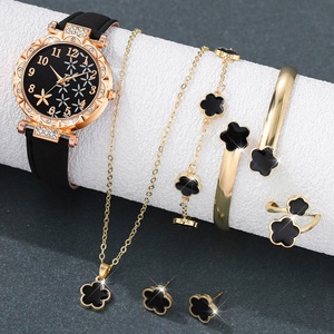 Ensemble de montres élégantes pour femmes, ensemble de bijoux à fleurs noires, montre-bracelet à quartz pour femmes, collier, boucles d'oreilles, bracelet, ensemble cadeau - Product Image 2