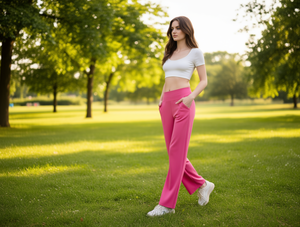 Pantalon large pour femme, taille haute, tricoté, longueur intégrale, coupe ample, couleur unie, respirant, décontracté, pantalon d'été avec poches - Product Image 2