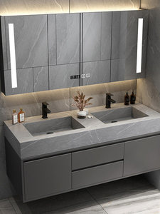 Meuble de salle de bain moderne de luxe léger et simple avec double vasque intégrée en céramique sans joint et miroir intelligent - Product Image 4