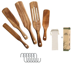 木勺4套，不粘器皿工具耐用天然木材开槽搅拌刮刀厨房炊具烹饪 - Product Image 2