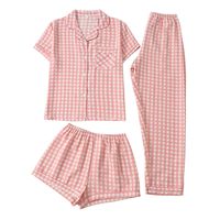Ensemble pyjama 3 pièces pour femme en tissu gingham rose imprimé, col à revers, manches courtes, short à taille élastique, pantalon long