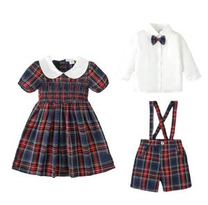 Robe d'été pour enfants, chemise à carreaux avec nœud papillon, short à bretelles, vêtements pour garçons, ensemble frère et sœur pour tout-petits - Product Image 1