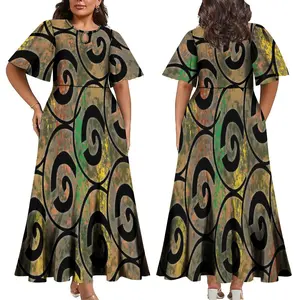 Pacific Island Art Design Womens Dresses Custom Half Sleeve Fit Flare Swing Pleated Long Casual Dress Plus Size Women Clothing