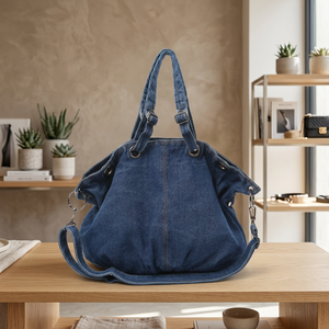 Fashion Relaxed-style Denim and Canvas <b>Tote</b> <b>Bag</b> with Two Straps Large Capacity Shoulder & Crossbody <b>Bag</b> Zipper Closure - Product Image 3