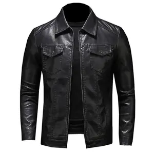 男式摩托车皮夹克大码口袋黑色拉链翻领修身男式春秋高品质Pu外套M-5XL
