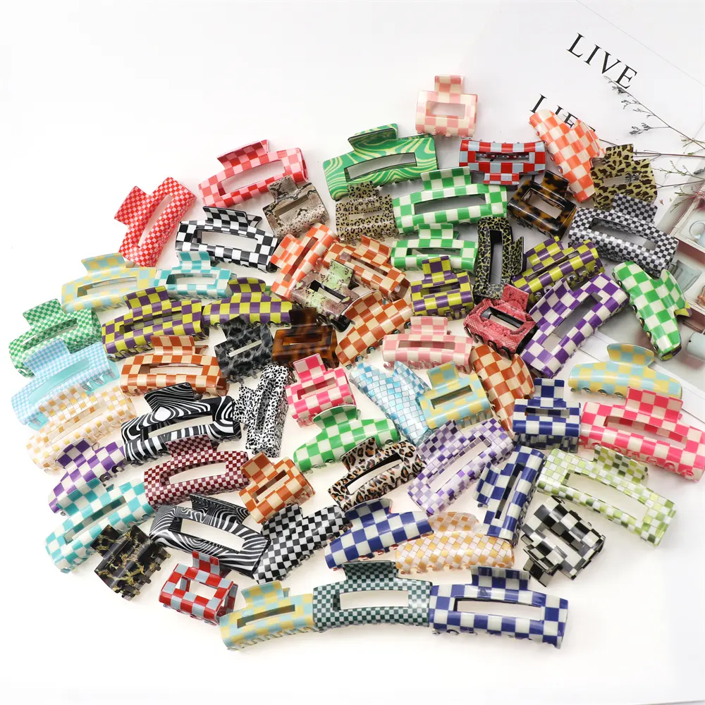 Multi Color Checkered Large Acrylic Hairband Plaid Acetate Hair Clamp Leopard hairpins Women hair Claw Clips