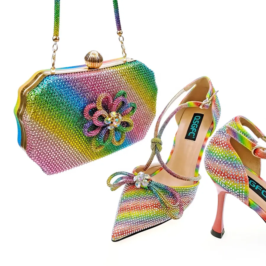 Sandali Color arcobaleno con Set di borse scarpe con tacco alto nigeriano e borsa abbinata per la festa di nozze africana