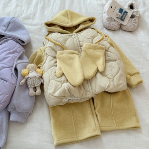 Girls Winter Cotton Outfit Set With Hooded Vest Gloves Thickened Pants Solid Color Children's Clothing - Product Image 3