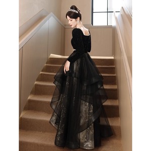Black Evening Gown Long Sleeve Sweetheart Neckline A-Line Vintage Style Banquet Dress Women's Formal Wear - Product Image 4
