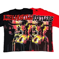 Life Hustlers High Street Style Basic Edition dengan Cetakan Huruf dan Bordir Berlian, Kerah Bulat, Lengan Pendek, Model Longgar