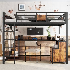 Full Size <strong>Loft</strong> <strong>Bed</strong> <strong>Frame</strong> with Desk and Storage Non-woven Fabric Drawers, Heavy-duty Metal <strong>Loft</strong> <strong>Bed</strong>, Nosie-free ODM/OEM Available - Product Image 2