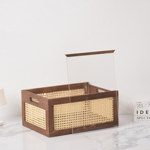 Panier de rangement en bois de style japonais, rectangulaire, avec poignée, en rotin tressé brun foncé, pour le salon, le rangement des jouets et des livres - Product Image 4