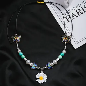 Kerajinan Serigala Hiphop Trendi Perhiasan Pesona Pribadi Manik Mutiara Bar Stainless Steel Daisy Bunga Matahari Butterfly Chock Kalung