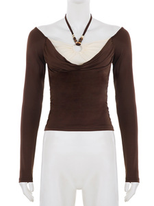 T-shirt décontracté pour femme à col halter, respirant, froncé, épaules dénudées, manches longues, coupe classique, tendance - Product Image 4