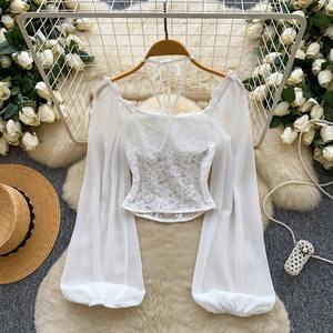 <span class=keywords><strong>Blusa</strong></span> Francesa de Moda Urbana con Cuello Cuadrado, Tirantes, Mangas Farol, Encaje y Parches, Camisa Corta Ajustada para Mujer - Product Image 2