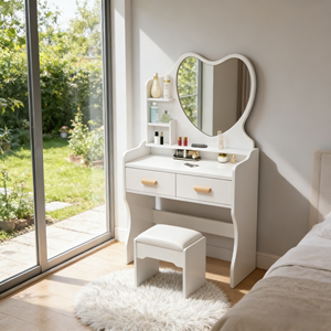 Mesa <span class=keywords><strong>de</strong></span> <span class=keywords><strong>Maquillaje</strong></span> en Forma <span class=keywords><strong>de</strong></span> Corazón en Oferta, con 2 Cajones <span class=keywords><strong>de</strong></span> Almacenamiento y Taburete, para Dormitorio o Apartamento <span class=keywords><strong>Pequeño</strong></span> - Product Image 1