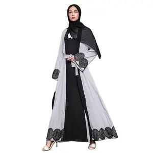 Dubai is a hit Plus size new fashion cardigan with lace dress Muslim Abaya Kimono grey