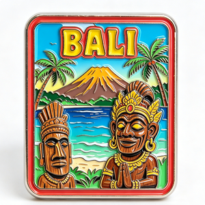 Pin Metálico de Recuerdo de Bali, Forma Rectangular, Esmalte Duro, Diseño de Arte Folclórico, Palmeras, Escena de Montaña, Regalo de Viaje - Product Image 5