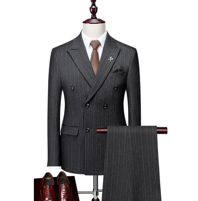 2023 new casual three-piece collar suit striped black slim men's suit