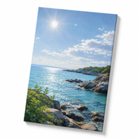 Tableau mural moderne sur toile Paysage marin ensoleillé Océan Plage Roches Impression HD encadrée et tendue pour Salon Hôtel Décoration estivale
