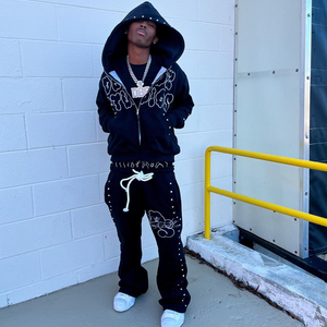 OEM nhà sản xuất đôi eo baggy xếp chồng lên nhau quần mồ hôi phù hợp với tùy chỉnh Y2K Rhinestone bùng Sweatpants trùm đầu áo bộ - Product Image 3