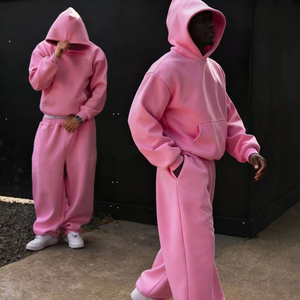 Ensemble survêtement rose uni oversize pour homme avec logo personnalisé, pantalon de jogging et sweat à capuche, style streetwear, essentiels du fabricant - Product Image 2
